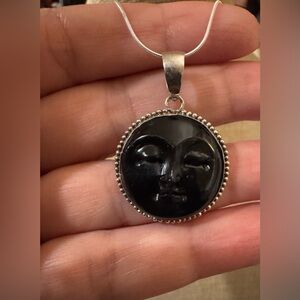 Carved Moon Face Pendant On Sterling Silver Italy 925 Necklace 18” New Gift